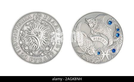 Silver coin 20 Belarus rubles Astrological sign pisces Stock Photo