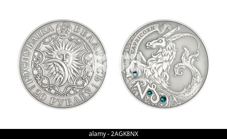 Silver coin 20 Belarus rubles Astrological sign capricorn Stock Photo