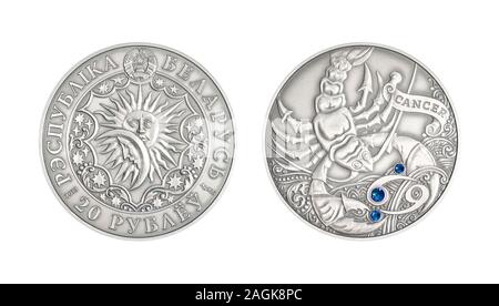 Silver coin 20 Belarus rubles Astrological sign Cancer Stock Photo