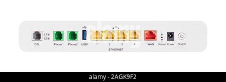 Desktop Home ADSL modem on a white background back view, selective focus Stock Photo