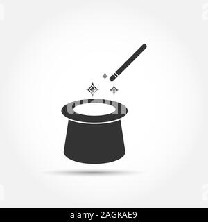 Icon of the magician's magic cylinder and magic wand. A magic cylinder and a magic wand for magic and miracles. Flat style. Stock Vector