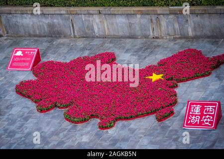 Xian, China -  July 2019 : Map of China made of flowers seen from the viewing balcony of the Drum Tower, Xian city, Shaaxi Province Stock Photo