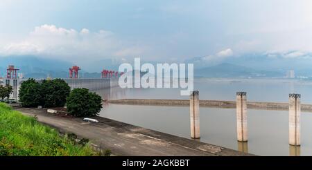 Yangtze River, China - August 2019 : Panoramic view of the Three Gorges Dam on the Yangtze River, the largest river dam in the world. Yichang City, Hu Stock Photo