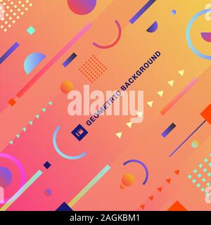 Abstract trendy colorful geometric composition with decorative triangle, circle, square shapes on pink and yellow gradient background. Fashion style. Stock Vector
