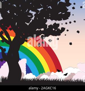 Silhouette of a tree over background with rainbow and clouds. Stock Vector