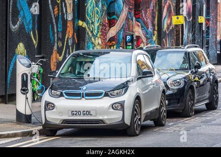 On street charging in Shoreditch Central London. On Street Electric Car Charging London. Stock Photo