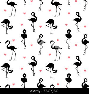 Seamless pattern with flamingo silhouettes and heart shapes. Vector illustartion. Stock Vector