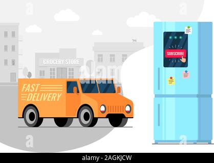 Product subscribe and delivery by van service concept. Fridge with subscription online shopping goods app from supermarket. Track driving food from grocery store over city vector illustration Stock Vector