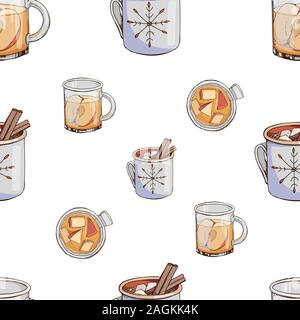 Vector seamless pattern with hot winter drinks isolated on white. Christmas print with beverages. Texture in blue and orange colors. Hot chocolate Stock Vector