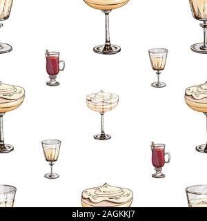 Vector seamless pattern with New Year drinks isolated on white. Christmas print with beverages. Endless texture. Eggnog, mulled wine, champagne Stock Vector