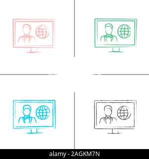 TV news hand drawn icons set. Newscaster on television set display. Color brush stroke. Isolated vector sketchy illustrations Stock Vector
