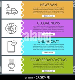 Mass media web banner templates set. Satellite truck, global news, online chat, radio broadcasting. Website color menu items with linear icons. Vector Stock Vector