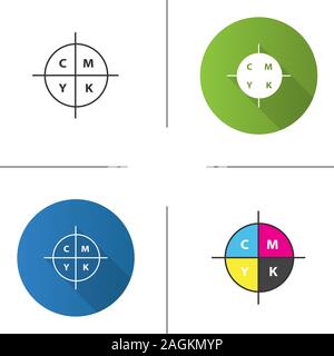 CMYK color circle model icon. Cyan, magenta, yellow, key scheme. Flat design, linear and color styles. Isolated vector illustrations Stock Vector