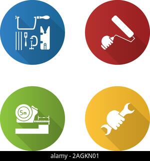Construction tools flat design long shadow glyph icon. Jeweler saw set, paint roller, meter, wrench in hand. Vector silhouette illustration Stock Vector