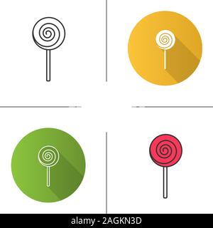 Spiral lollipop icon. Lolly. Sugar candy. Flat design, linear and color styles. Isolated vector illustrations Stock Vector