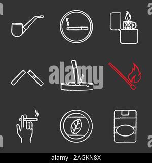 Smoking chalk icons set. Tobacco leaf and pipe, smoking area, flip lighter, broken and stubbed out cigarettes, matchstick, smoker's hand, cigarette pa Stock Vector