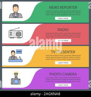 Mass media web banner templates set. Website color menu items. News reporter, radio, TV presenter, photo camera. Vector headers design concepts Stock Vector