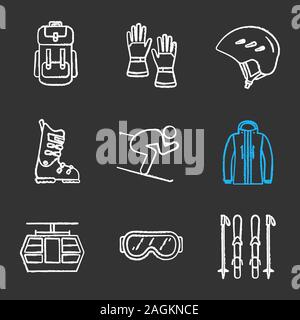Winter activities chalk icons set. Backpack, ski gloves and helmet, goggles, boot, funicular, jacket, skier. Isolated vector chalkboard illustrations Stock Vector