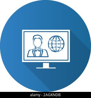 TV news flat design long shadow glyph icon. Newscaster on television set display. Vector silhouette illustration Stock Vector