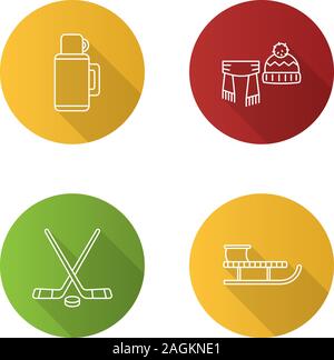 Winter activities flat linear long shadow icons set. Thermos, scarf and hat, ice hockey sticks and puck, sled. Vector outline illustration Stock Vector