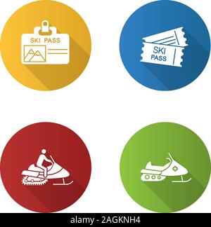 Winter activities flat design long shadow glyph icons set. Ski pass badge and tickets, snowmobiles. Vector silhouette illustration Stock Vector