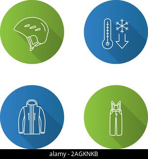 Winter activities flat linear long shadow icons set. Helmet, winter temperature, ski jacket and pants. Vector outline illustration Stock Vector