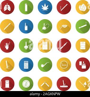 Smoking flat design long shadow glyph icons set. Cigarettes, smoking devices, cannabis culture. Vector silhouette illustration Stock Vector