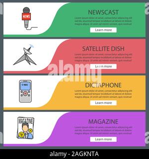 Mass media web banner templates set. Newscast, satellite dish, dictaphone, magazine. Website color menu items. Vector headers design concepts Stock Vector