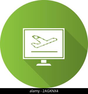 Airplane tickets online booking flat design long shadow glyph icon. Flights schedule. Computer display with plane. Vector silhouette illustration Stock Vector
