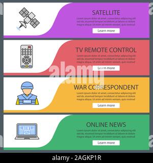 Mass media web banner templates set. Satellite signal, TV remote control, war correspondent, online news. Website color menu items. Vector headers des Stock Vector