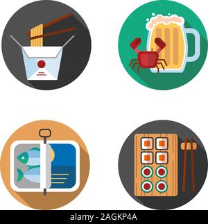 Food flat design long shadow color icons set. Noodles, beer mug with crab, sprats, sushi. Vector silhouette illustrations Stock Vector