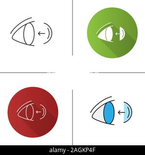 Eye contact lenses putting on icon. Flat design, linear and color styles. Isolated vector illustrations Stock Vector