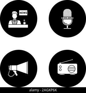 Mass media glyph icons set. Press. TV presenter, microphone, megaphone, radio. Vector white silhouettes illustrations in black circle Stock Vector