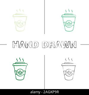 Tea to go hand drawn icons set. Detox drink. Disposable tea cup with lid. Color brush stroke. Isolated vector sketchy illustrations Stock Vector
