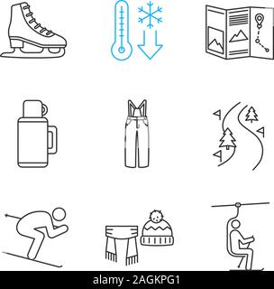 Winter activities linear icons set. Scarf, hat, cold weather, map, thermos, pants, skier, forest road, skate, chairlift. Thin line contour symbols. Is Stock Vector