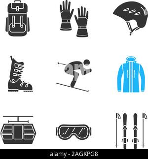 Winter activities glyph icons set. Backpack, gloves, goggles, helmet, ski boot, boards and poles, skier, jacket, funicular. Silhouette symbols. Vector Stock Vector