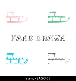 Sled hand drawn icons set. Sledge, sleigh. Color brush stroke. Isolated vector sketchy illustrations Stock Vector