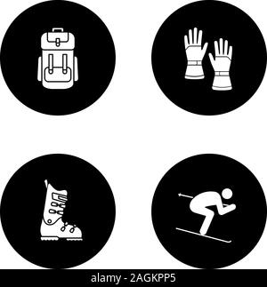 Winter activities glyph icons set. Backpack, skiing gloves and boots, skier. Vector white silhouettes illustrations in black circles Stock Vector