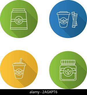 Tea drinks flat linear long shadow icons set. Detox herbs and cocktails. Vector outline illustration Stock Vector