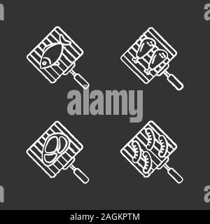 Barbecue chalk icons set. BBQ. Hand grills with fish, chicken drumsticks, meat steak and sausages. Isolated vector chalkboard illustrations Stock Vector