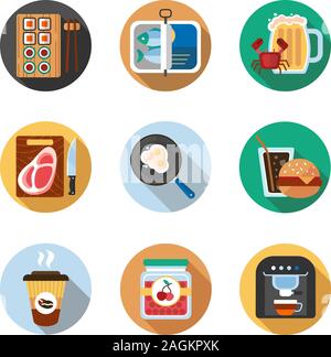 Food flat design long shadow color icons set. Sushi, sprats, cutted steak, fried eggs, soda and burger, coffee to go, cherry jam, coffee machine. Vect Stock Vector