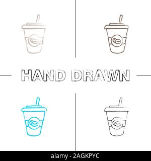 Iced coffee drink hand drawn icons set. Disposable coffee cup with straw. Color brush stroke. Isolated vector sketchy illustrations Stock Vector
