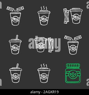 Coffee and tea drinks with sugar chalk icons set. Detox herbs and cocktails. Isolated vector chalkboard illustrations Stock Vector