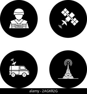 Mass media glyph icons set. Press. War correspondent, satellite signal, news van, radio tower. Vector white silhouettes illustrations in black circle Stock Vector