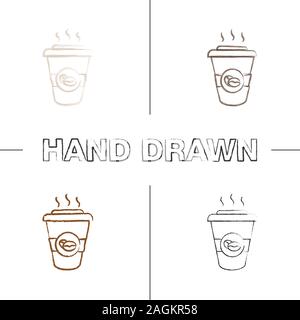 Coffee to go hand drawn icons set. Disposable coffee cup with lid. Color brush stroke. Isolated vector sketchy illustrations Stock Vector
