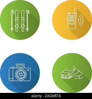 Winter activities flat linear long shadow icons set. Skiing boards and poles, walkie talkie, photo camera, snowmobile. Vector outline illustration Stock Vector