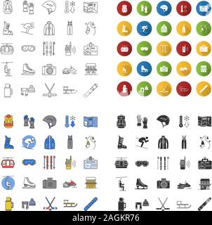 Winter activities icons set. Skiing, skating, snowboarding. Sport equipment, clothes, transport, service. Linear, flat design, color and glyph styles. Stock Vector