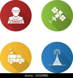 Mass media flat design long shadow glyph icons set. Press. War correspondent, satellite signal, news van, radio tower. Vector silhouette illustration Stock Vector