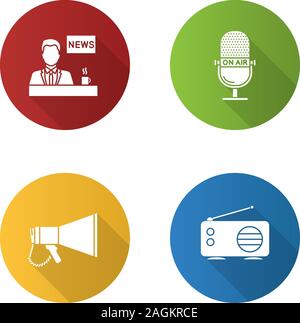 Mass media flat design long shadow glyph icons set. Press. TV presenter, microphone, megaphone, radio. Vector silhouette illustration Stock Vector