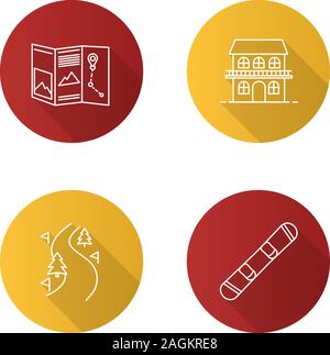 Winter activities flat linear long shadow icons set. Paper map, cottage, ski route, snowboard. Vector outline illustration Stock Vector
